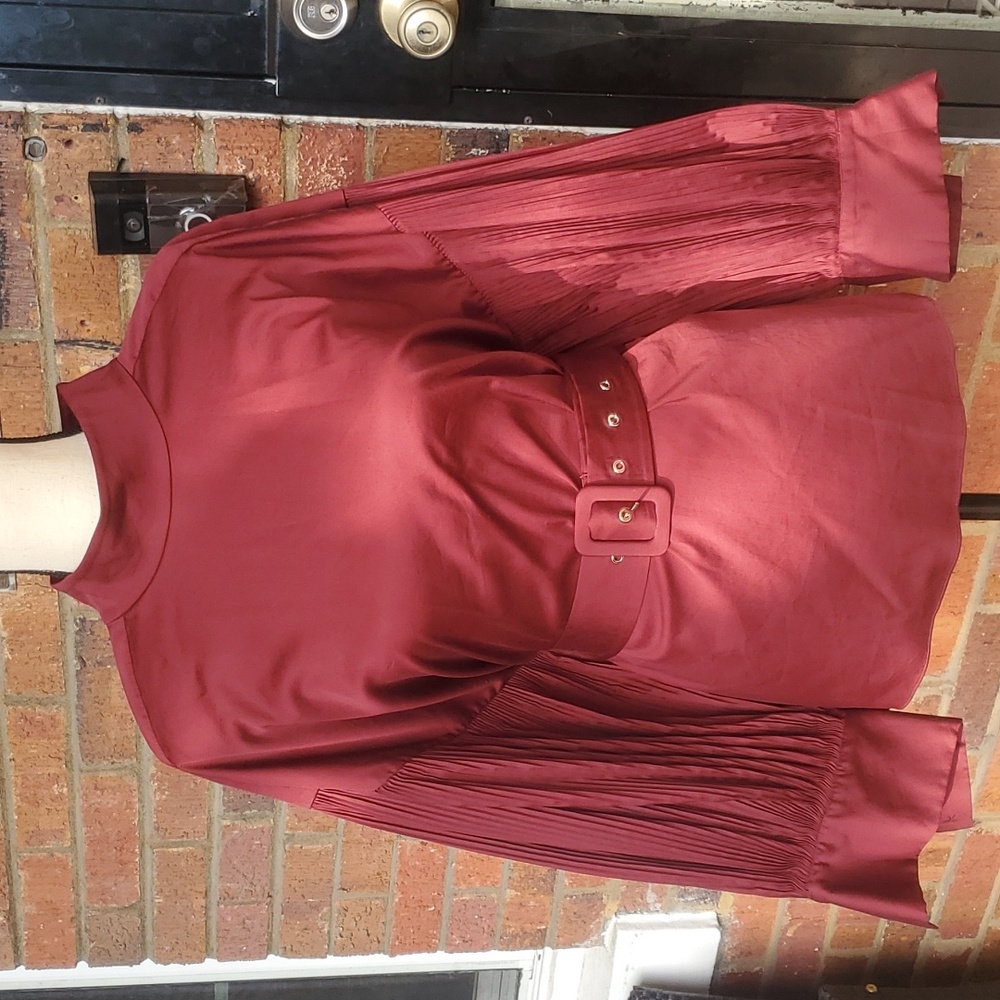 Kate Spade Womens Accordion sleeve mock collar belted blouse With Back Keyhole